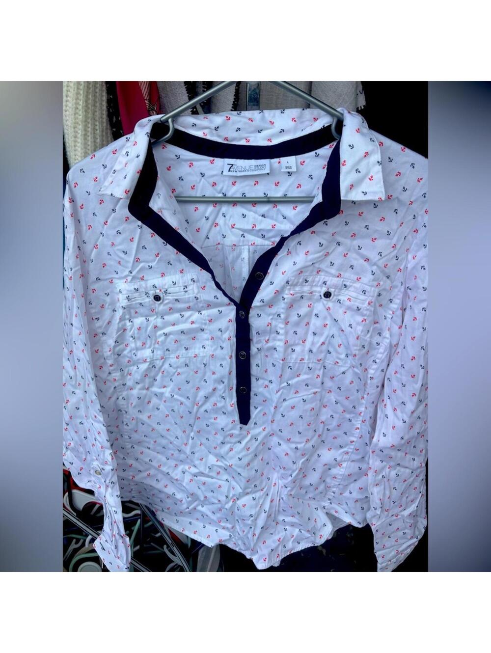 7th Avenue Design Studio White Anchor Print Button-Up Shirt Large